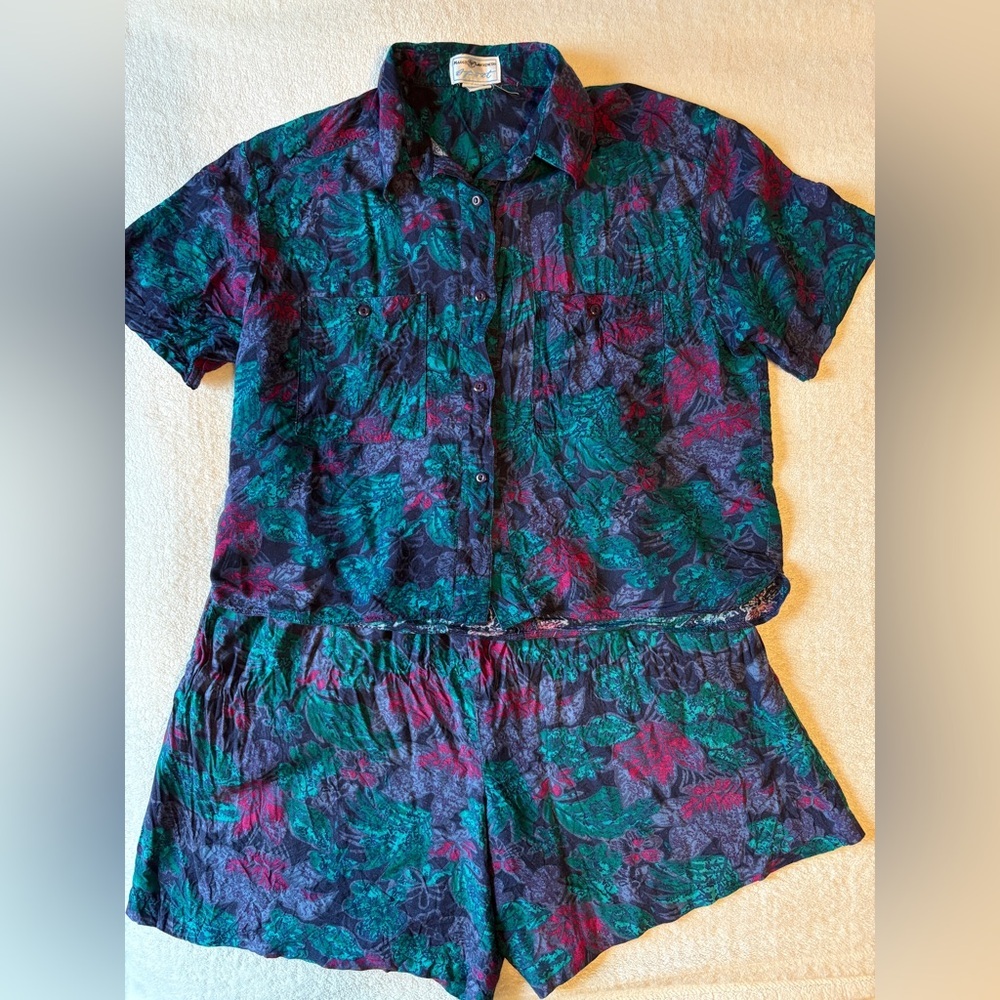 Vintage 90s Tropical Leaf Print Shirt and Shorts Set, Teal Purple. Size Large